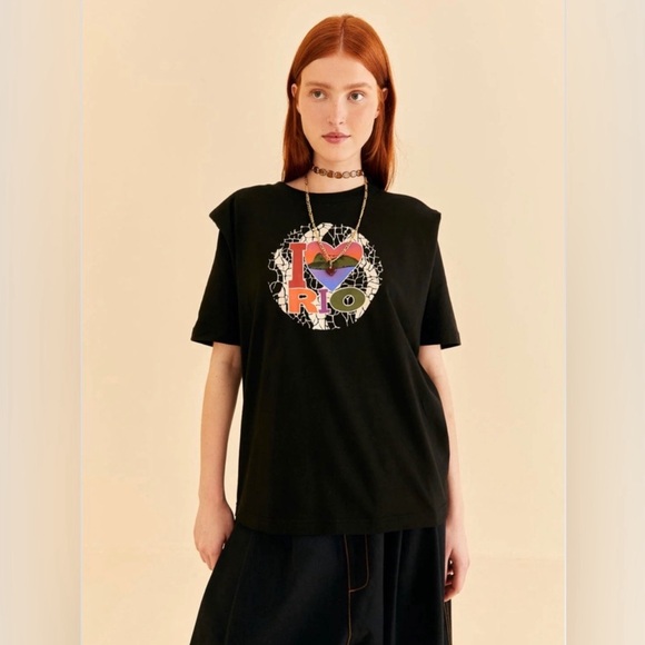 Farm Rio I Love RIO Black Tee with Shoulder Pads Large - Picture 3 of 4